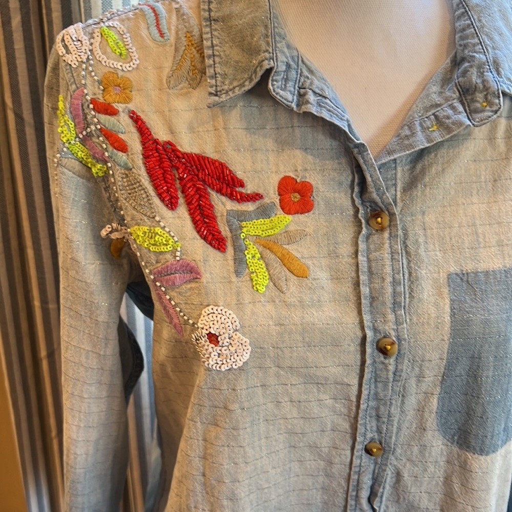 Maeve Light Blue Chambray Button-Down Shirt with Multicolor Embroidery - Picture 5 of 13